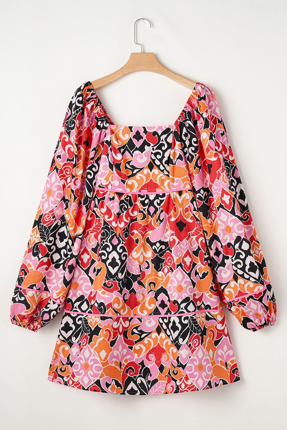 Pink Bohemian Square Neck Puff Sleeve Mini Dress Mini Dresses JT's Designer Fashion