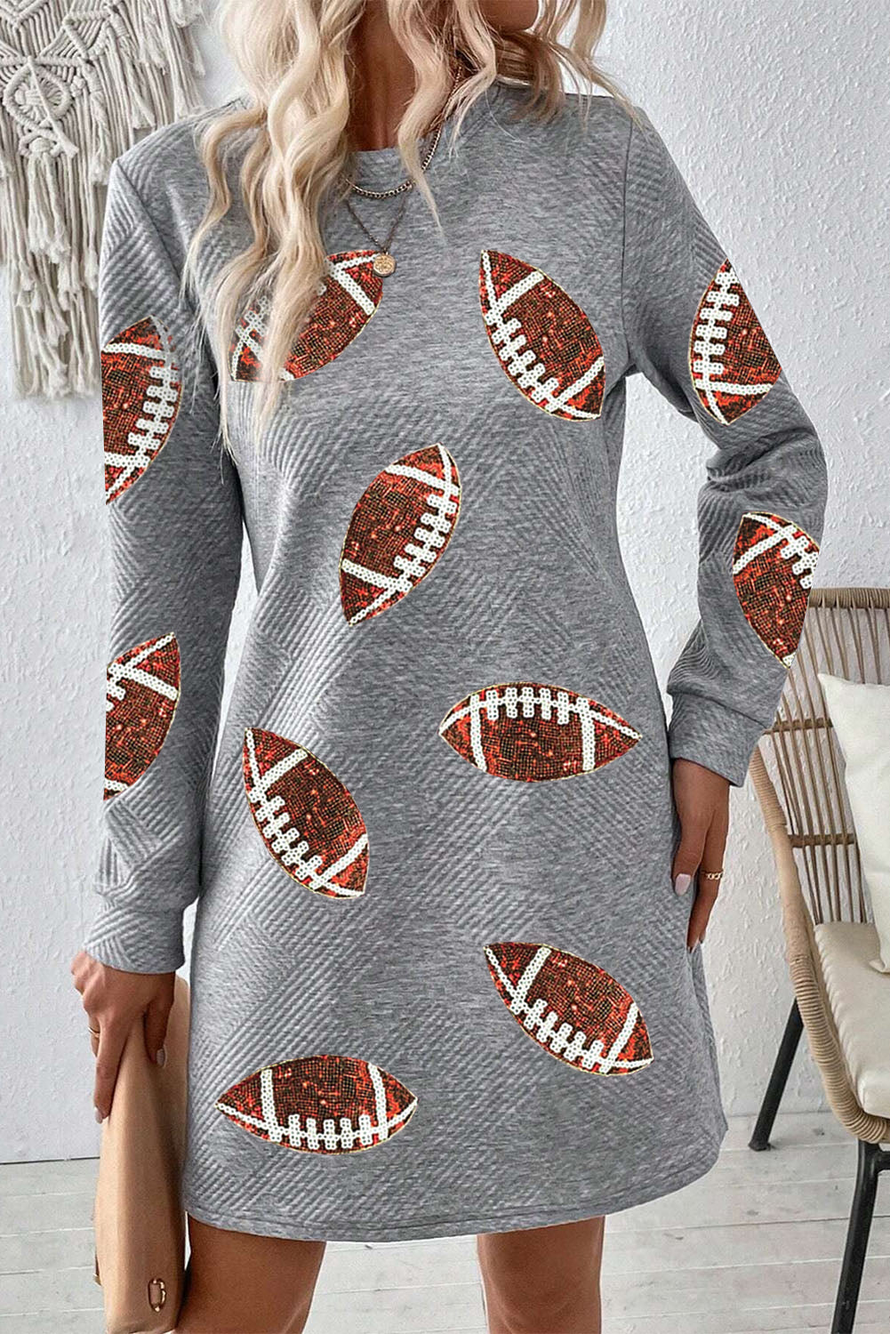 Gray Sequin Rugby Football Graphic Textured Long Sleeve Shift Mini Dress Graphic Dresses JT's Designer Fashion