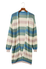 Green Striped Color Block Hollowed Knit Cardigan Sweaters & Cardigans JT's Designer Fashion