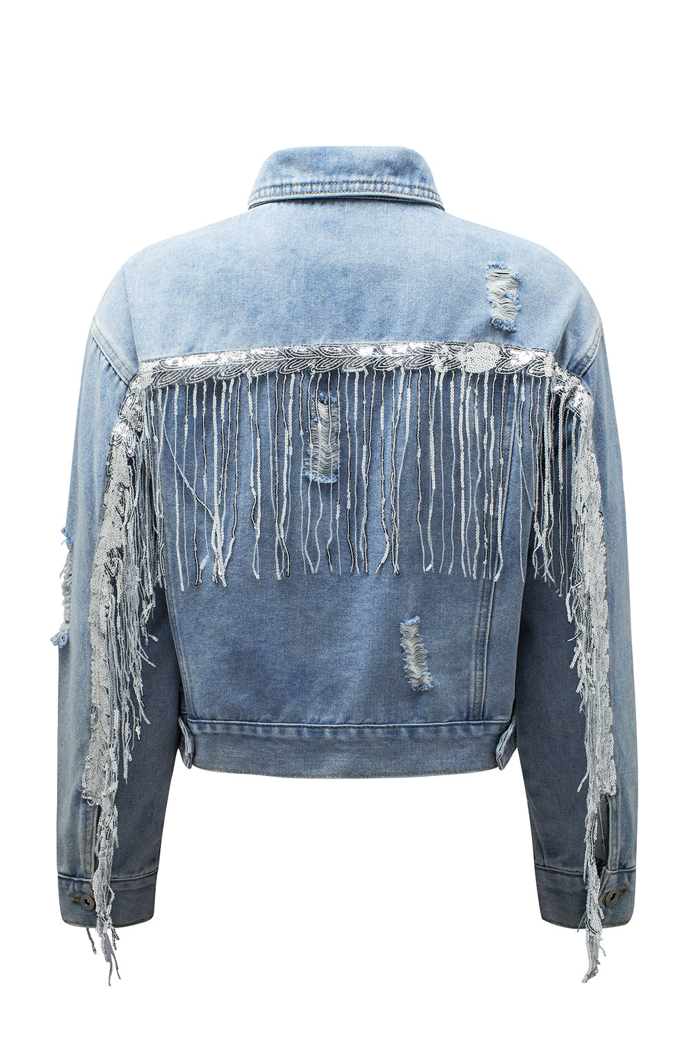 Sky Blue Sequin Embellished Fringe Distressed Denim Jacket Denim Jackets JT's Designer Fashion