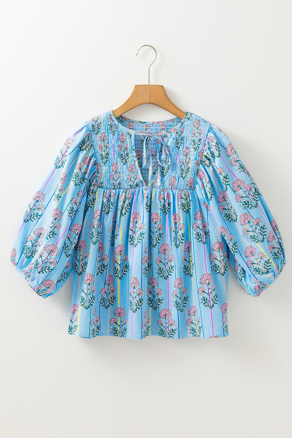 Sky Blue Floral Striped Print Shirred Yoke Split Neck Blouse Blouses & Shirts JT's Designer Fashion