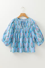 Sky Blue Floral Striped Print Shirred Yoke Split Neck Blouse Blouses & Shirts JT's Designer Fashion