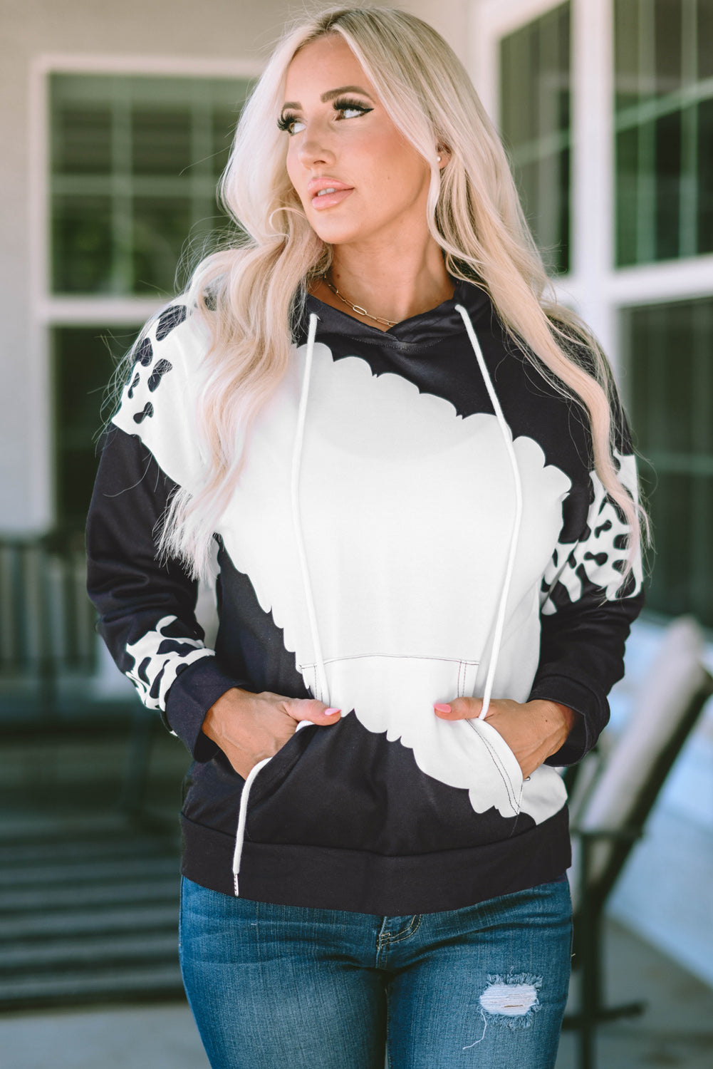 Black Cow Tie Dye Print Pocketed Drawstring Pullover Hoodie Sweatshirts & Hoodies JT's Designer Fashion
