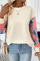Apricot Geometric Printed Patchwork Long Sleeve Round Neck Top Long Sleeve Tops JT's Designer Fashion