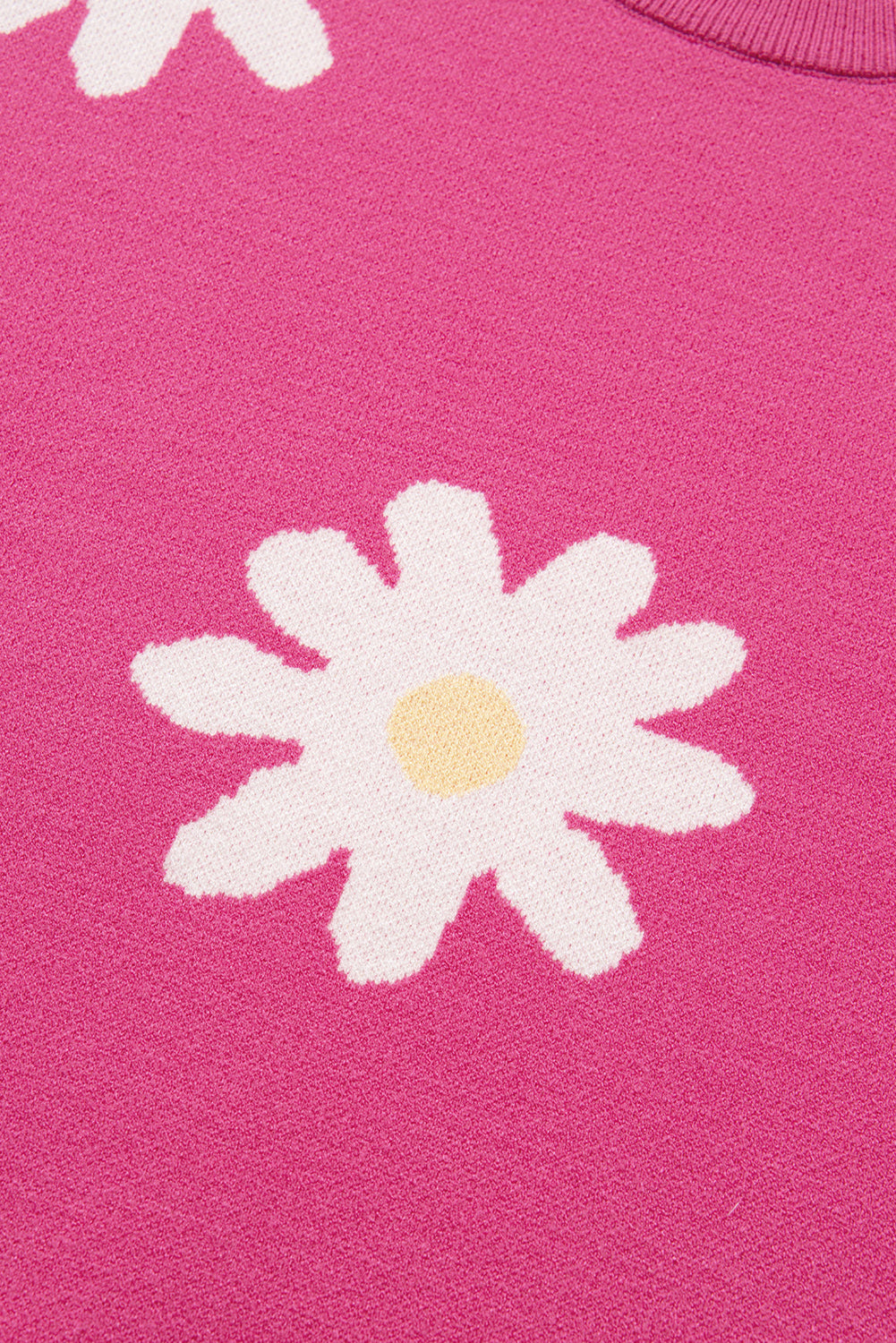 Bright Pink Daisy Flower Crew Neck Long Sleeve Sweater Sweaters JT's Designer Fashion