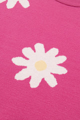Bright Pink Daisy Flower Crew Neck Long Sleeve Sweater Sweaters JT's Designer Fashion