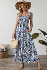 Sky Blue Boho Print Smocked High Waist Long Dress Maxi Dresses JT's Designer Fashion