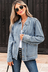 Myosotis Scallop Trim Collar Patched Pocket Button Up Denim Jacket Denim Jackets JT's Designer Fashion