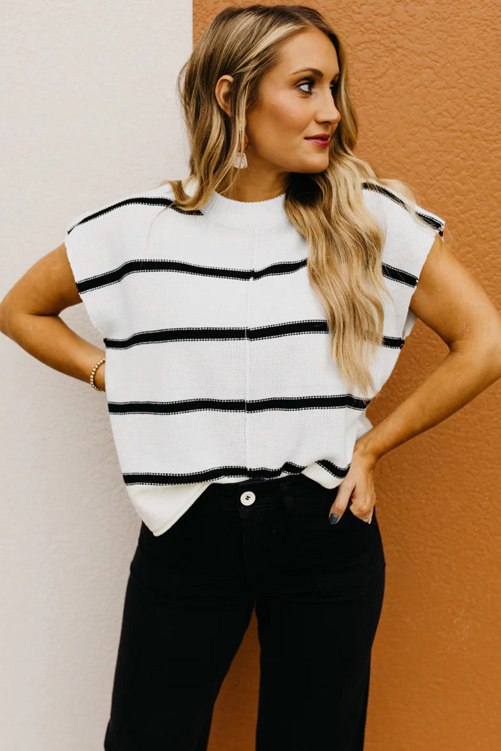 White Striped Batwing Sleeve Sweater Tee Sweaters & Cardigans JT's Designer Fashion