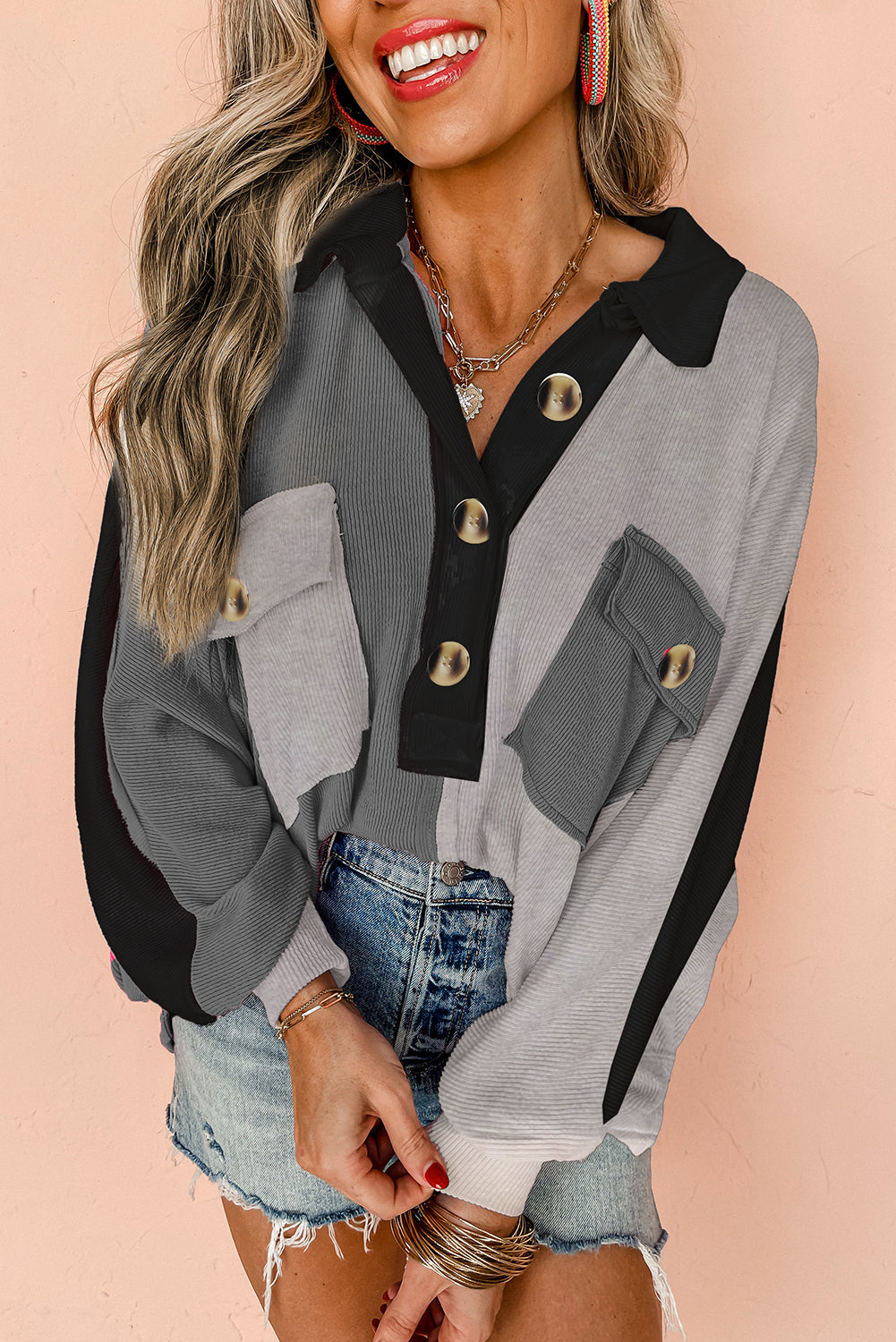 Gray Colorblock Ribbed Collared Oversized Sweatshirt Sweatshirts & Hoodies JT's Designer Fashion