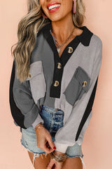 Gray Colorblock Ribbed Collared Oversized Sweatshirt Sweatshirts & Hoodies JT's Designer Fashion