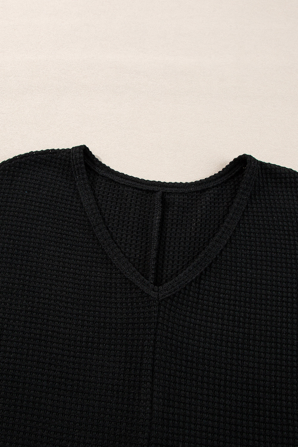 Black Waffle Knit Side Slits Loose Fit V Neck Top Long Sleeve Tops JT's Designer Fashion