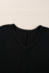 Black Waffle Knit Side Slits Loose Fit V Neck Top Long Sleeve Tops JT's Designer Fashion