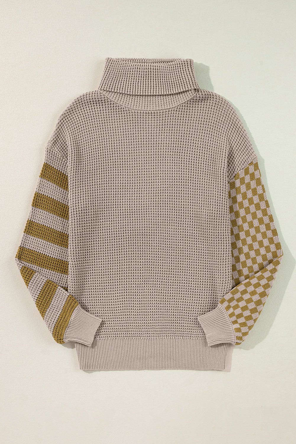Smoke Gray Striped Plaid Patchwork Waffle Knit Turtleneck Sweater Sweaters JT's Designer Fashion
