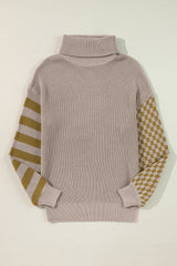 Smoke Gray Striped Plaid Patchwork Waffle Knit Turtleneck Sweater Sweaters JT's Designer Fashion