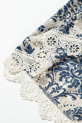 Sky Blue Vintage Printed Lace Trim V Neck 3/4 Sleeve Loose Dress Mini Dresses JT's Designer Fashion