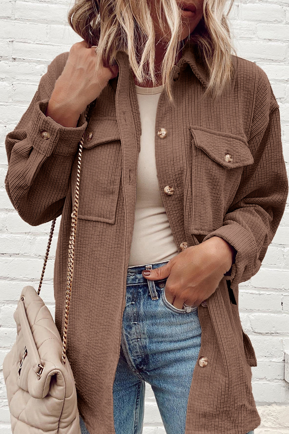 Chestnut Corduroy Flap Pocket Button Up Shacket Jackets JT's Designer Fashion
