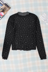 Black Rhinestone Sheer Mesh Slim Fit Long Sleeve Top Long Sleeve Tops JT's Designer Fashion