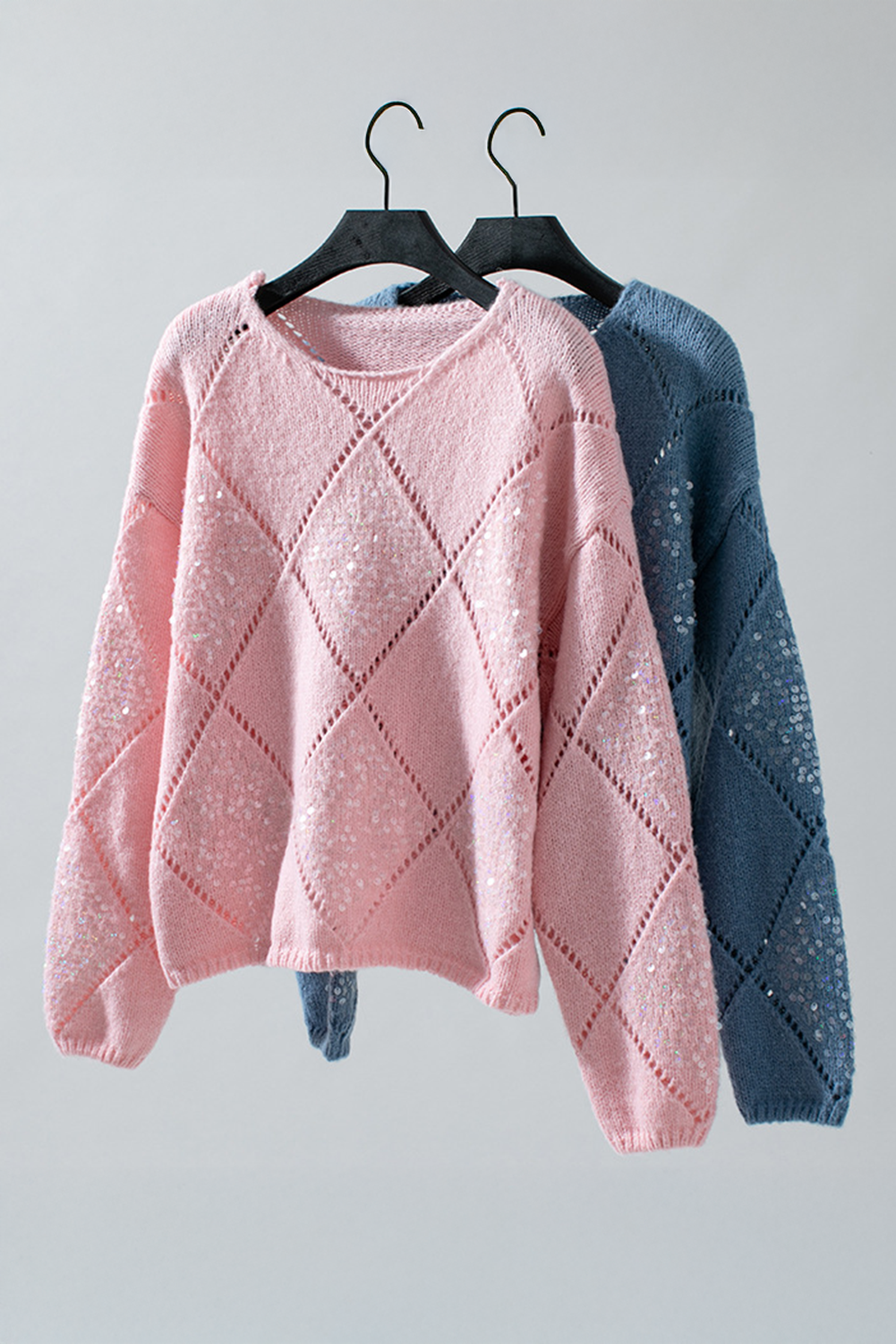 Light Pink Hollowed Rhombus Pattern Sequin Detail Round Neck Sweater Sweaters JT's Designer Fashion