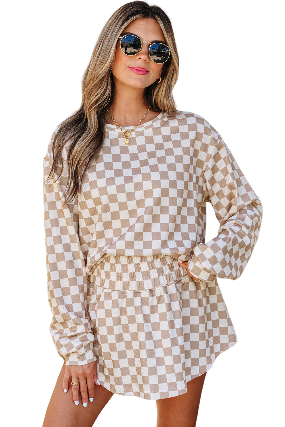 Khaki Checkered Long Sleeve Crop Top High Waist Skort 2pcs Set Short Sets JT's Designer Fashion