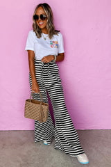 Black Stripe Lace-up Waist Casual Flared Pants Pants & Culotte JT's Designer Fashion