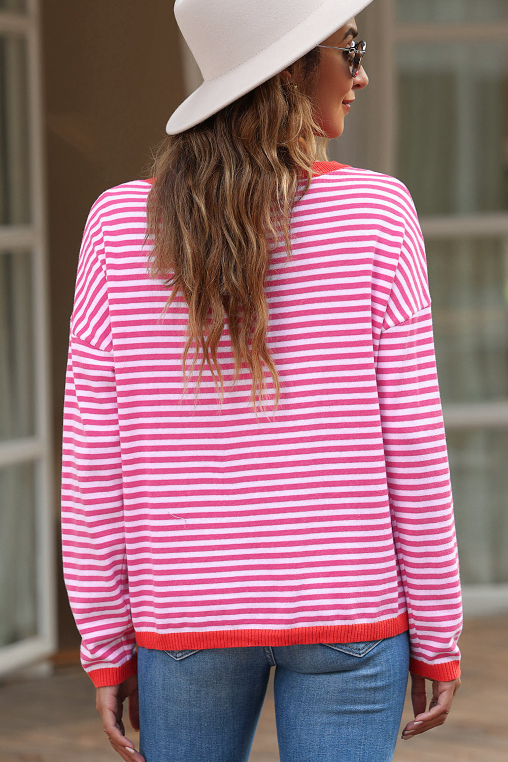 Pink Contrast Trimmed Striped Drop Shoulder Sweater Sweaters JT's Designer Fashion