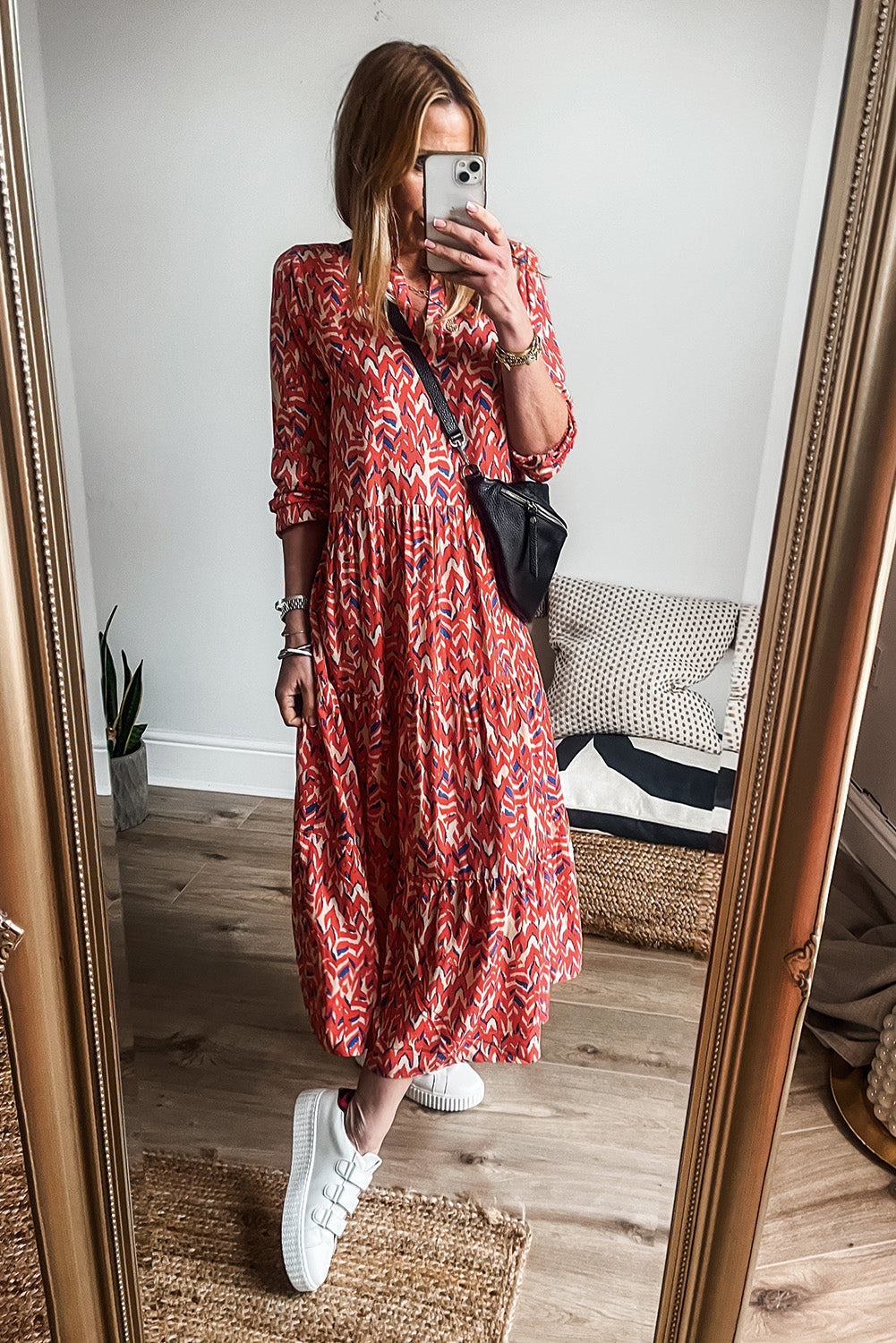 Orange Abstract Print V Neck Pleated High Waist Midi Dress Midi Dresses JT's Designer Fashion