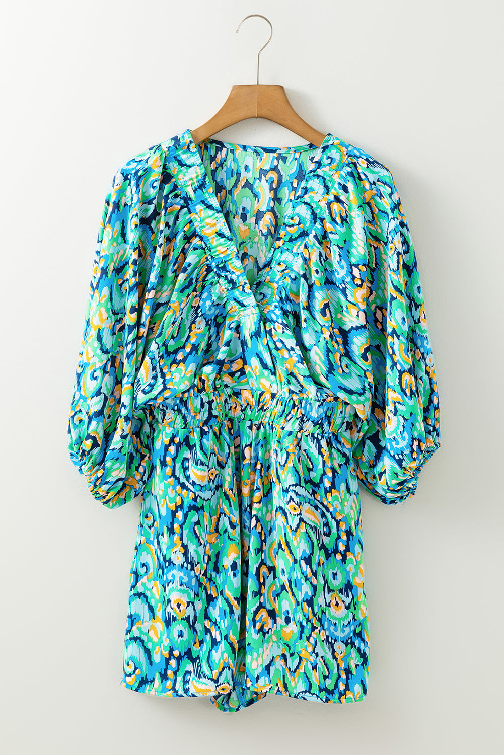 Green Abstract Print Puff Sleeve V Neck High Waist Romper Jumpsuits & Rompers JT's Designer Fashion