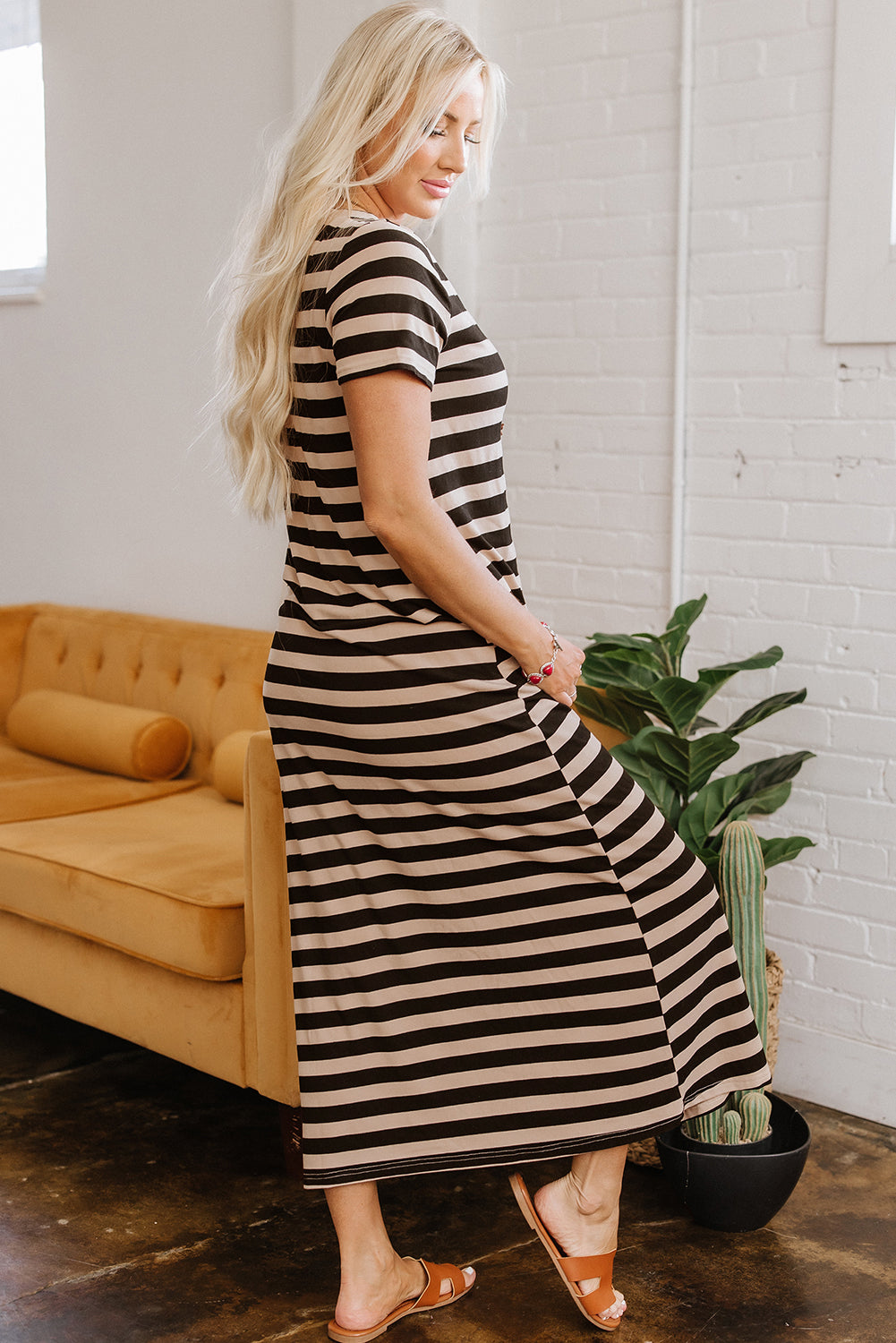Black Stripe Casual Round Neck T-shirt Maxi Dress with Pockets T Shirt Dresses JT's Designer Fashion