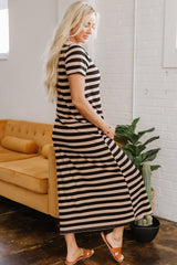 Black Stripe Casual Round Neck T-shirt Maxi Dress with Pockets T Shirt Dresses JT's Designer Fashion