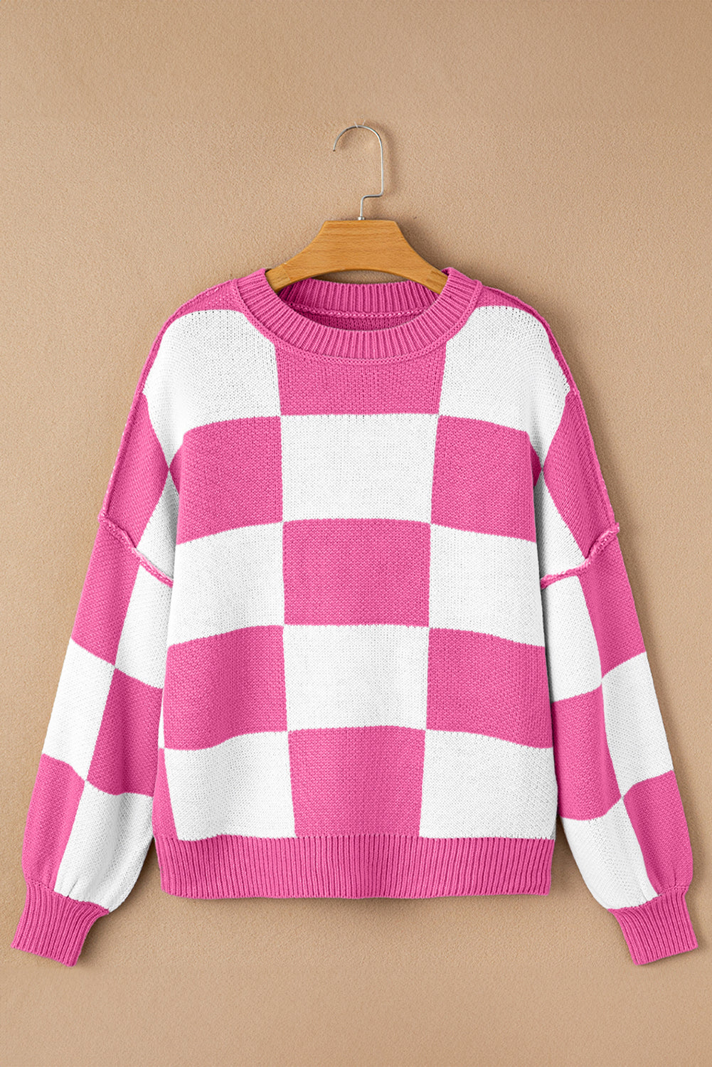 Rose Checkered Bishop Sleeve Sweater Sweaters JT's Designer Fashion