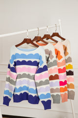 Dark Blue Wave Striped Balloon Sleeve Drop Shoulder Sweater Sweaters JT's Designer Fashion