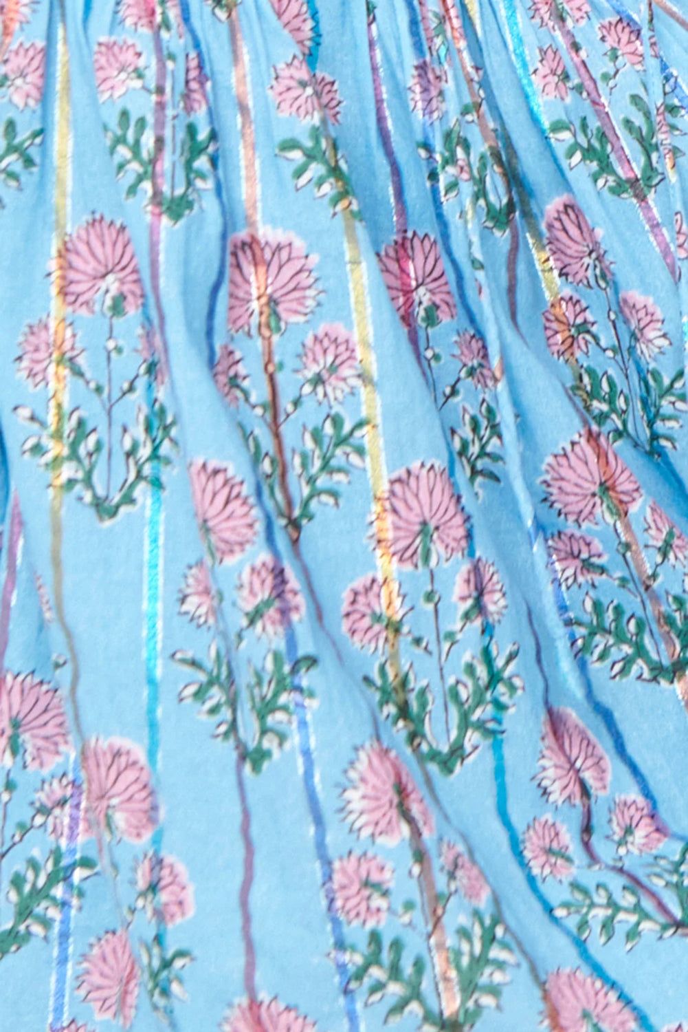 Sky Blue Floral Striped Print Shirred Yoke Split Neck Blouse Blouses & Shirts JT's Designer Fashion