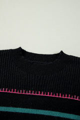 Black Colorful Striped Ribbed Trim Sweater Sweaters JT's Designer Fashion