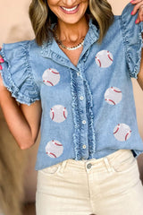 Beau Blue Sequin Baseball Graphic Button Up Ruffled Sleeve Frayed Denim Top Graphic Tees JT's Designer Fashion