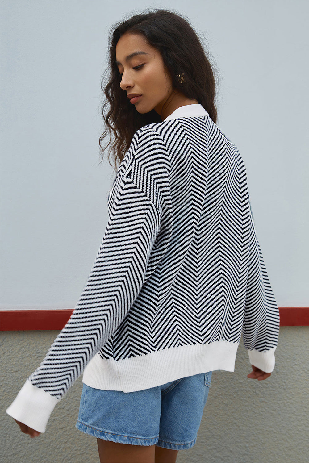 Black Stripe Buttoned Front V Neck Herringbone Cardigan Cardigans JT's Designer Fashion