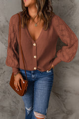 Red Bishop Sleeve Button V Neck Cardigan Sweater Cardigans JT's Designer Fashion