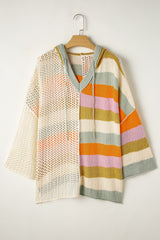 Beige Pointelle Knit Colorblock Patchwork V Neck Hooded Plus Sweater Plus Size Sweaters & Cardigans JT's Designer Fashion