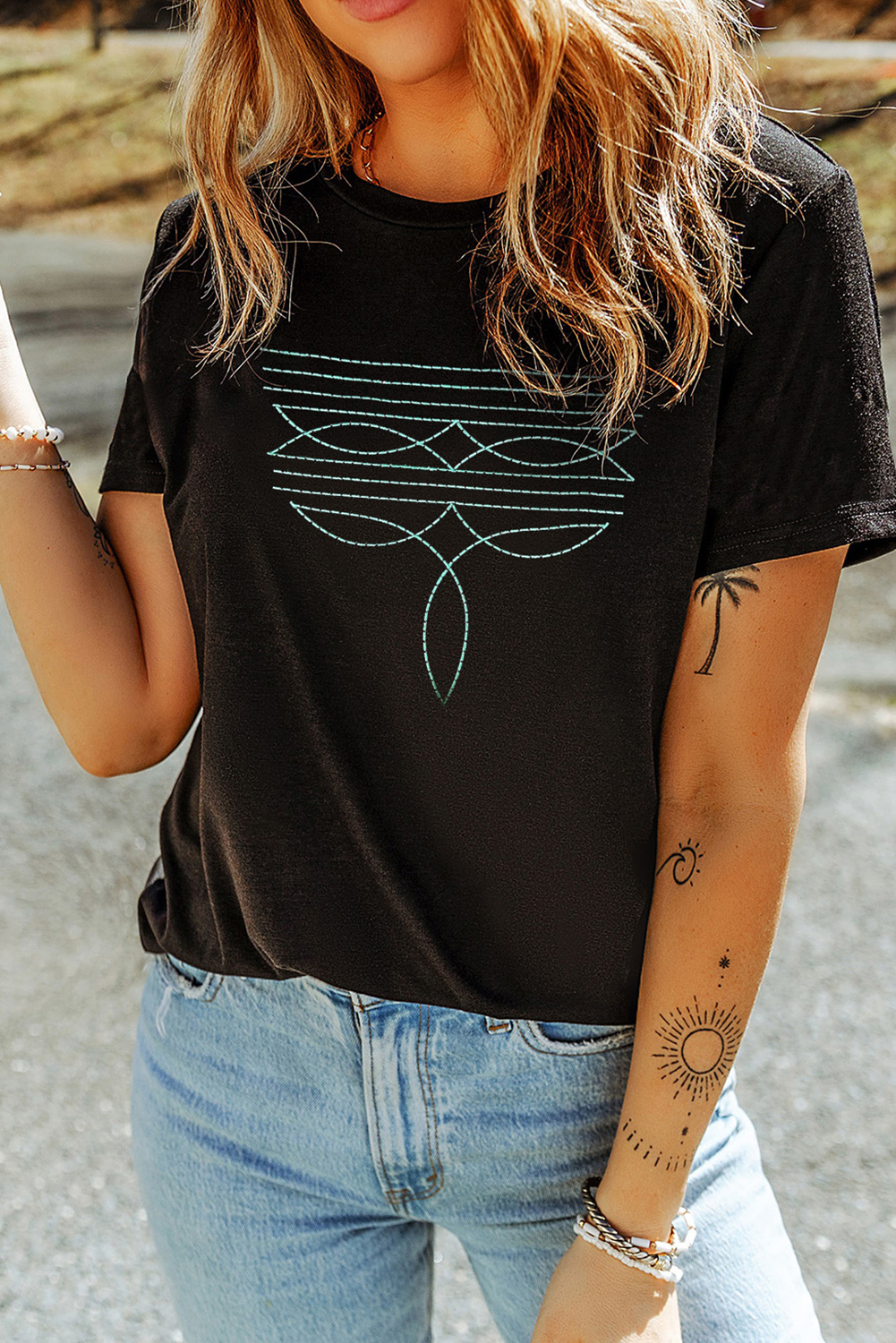 Black Western Fashion Geometric Embroidered T Shirt Graphic Tees JT's Designer Fashion