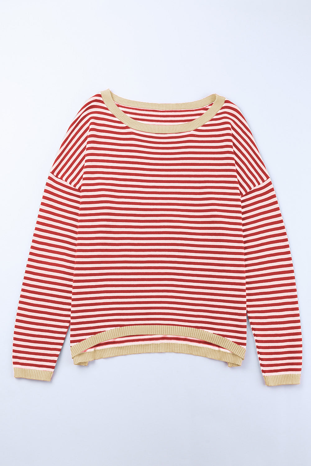 Fiery Red Contrast Trimmed Striped Drop Shoulder Sweater Sweaters JT's Designer Fashion