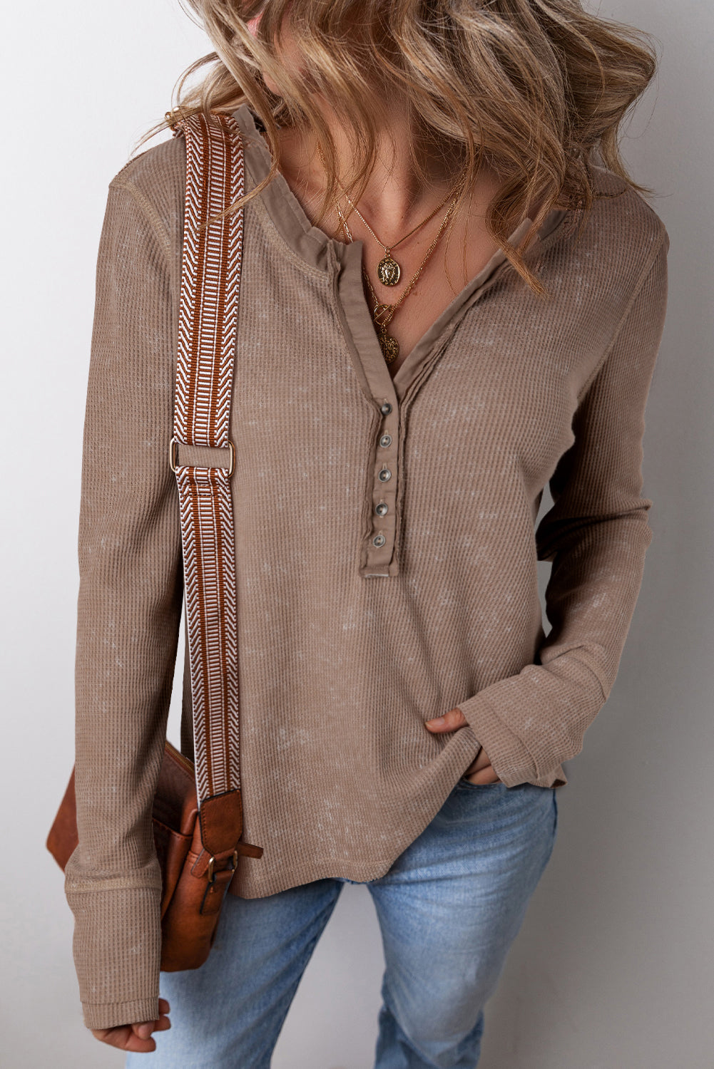 Coffee Acid Wash Waffle Knit Buttoned Neckline Long Sleeve Top Long Sleeve Tops JT's Designer Fashion