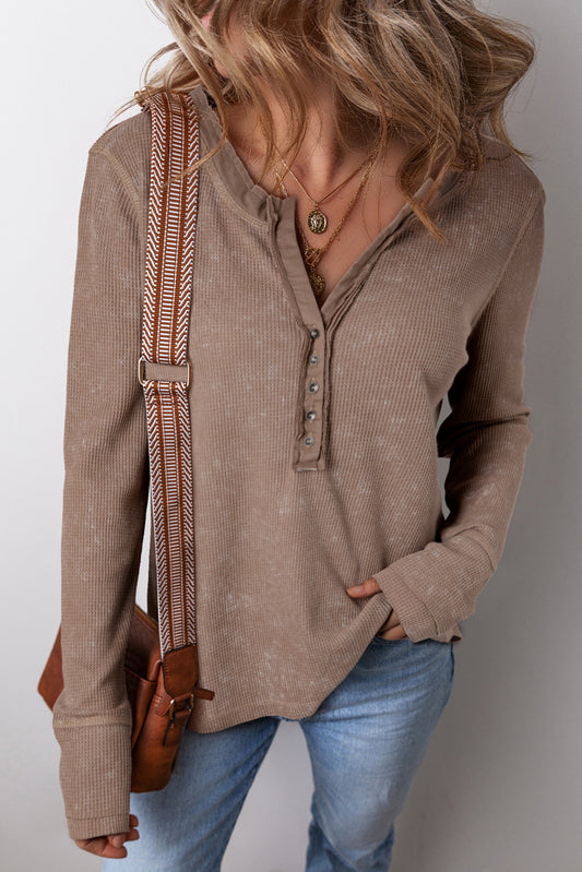 Coffee Acid Wash Waffle Knit Buttoned Neckline Long Sleeve Top Long Sleeve Tops JT's Designer Fashion