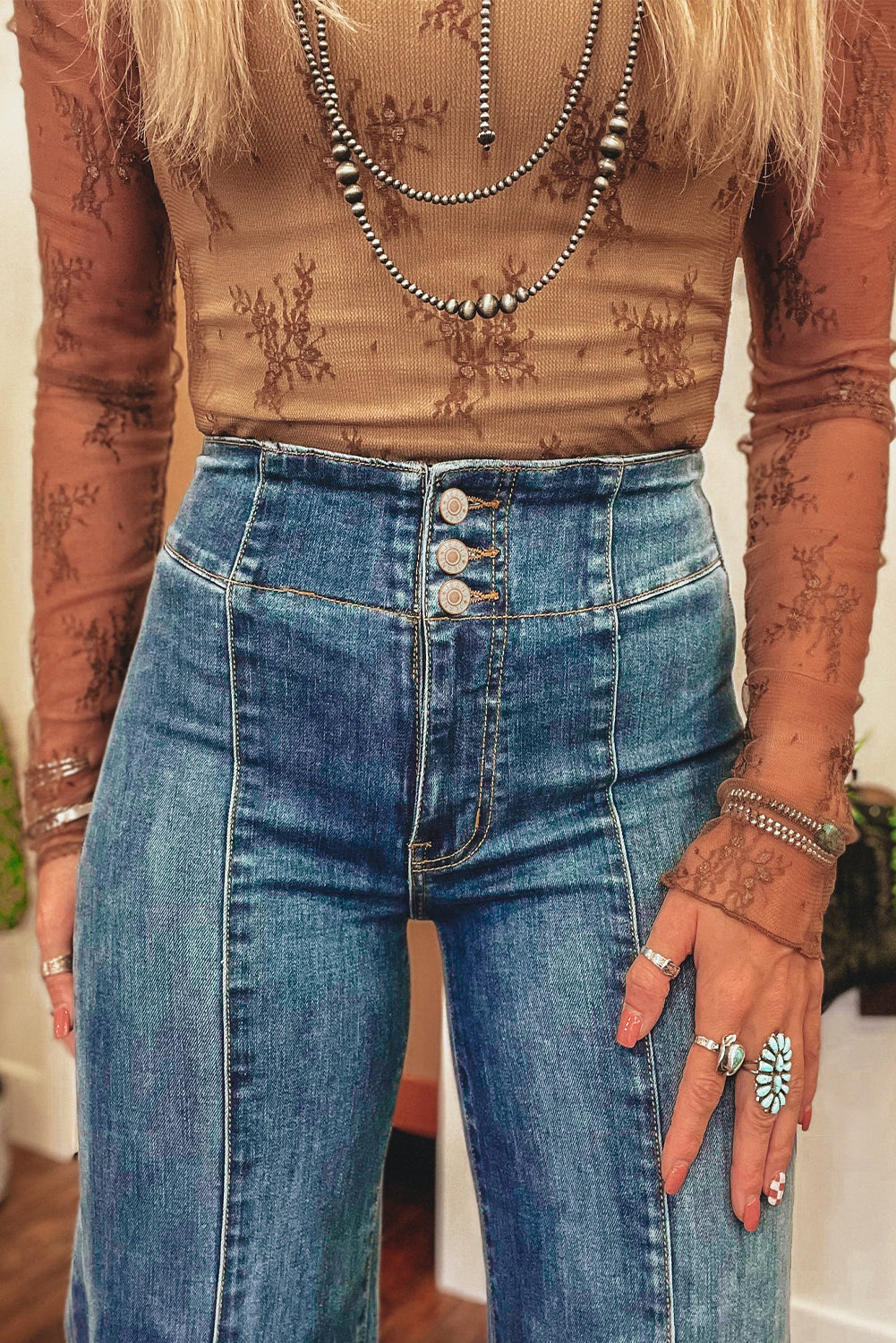 Sail Blue High Waist Button Fly Seamed Raw Hem Flare Jeans Jeans JT's Designer Fashion
