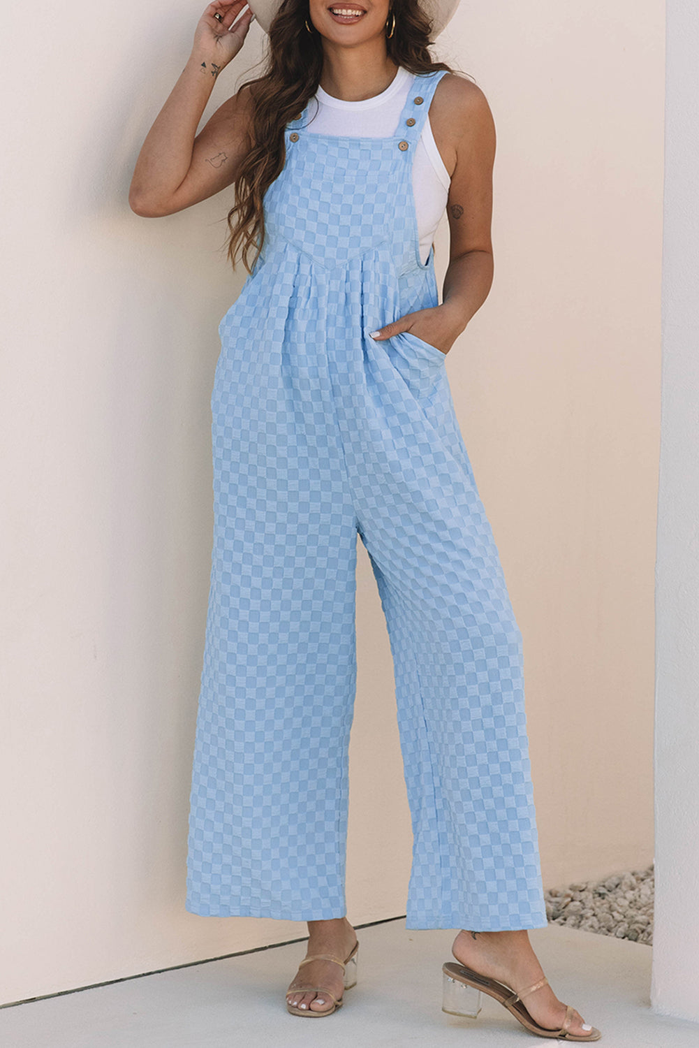 Beau Blue Checkered Pocketed High Waist Wide Leg Overall Jumpsuits & Rompers JT's Designer Fashion