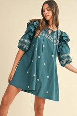 Skobeloff Boho Floral Ruffle Puff Sleeve Lace-up V Neck Mini Dress Floral Dresses JT's Designer Fashion