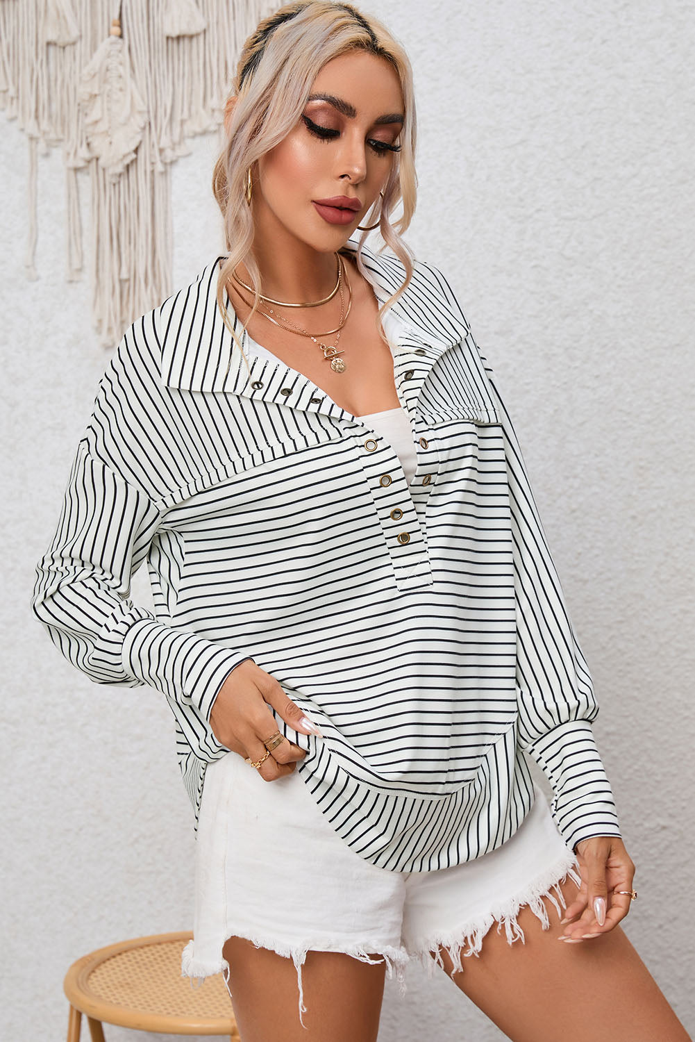 White Striped Thumbhole Drop Shoulder V Neck Top Long Sleeve Tops JT's Designer Fashion