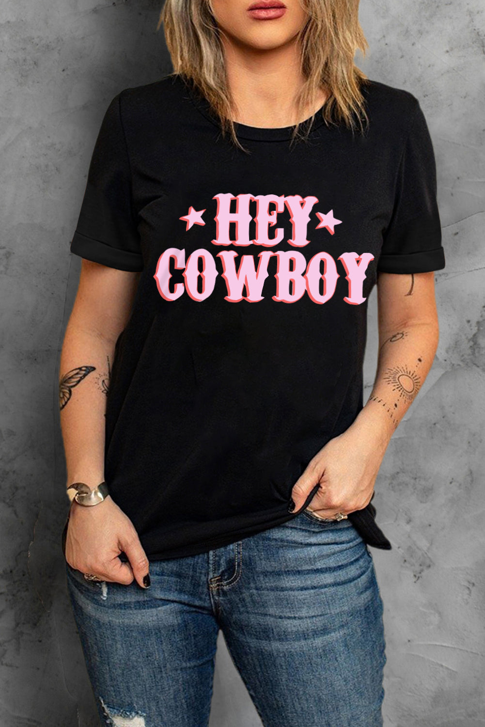 Black HEY COWBOY Graphic Crew Neck T-shirt Graphic Tees JT's Designer Fashion