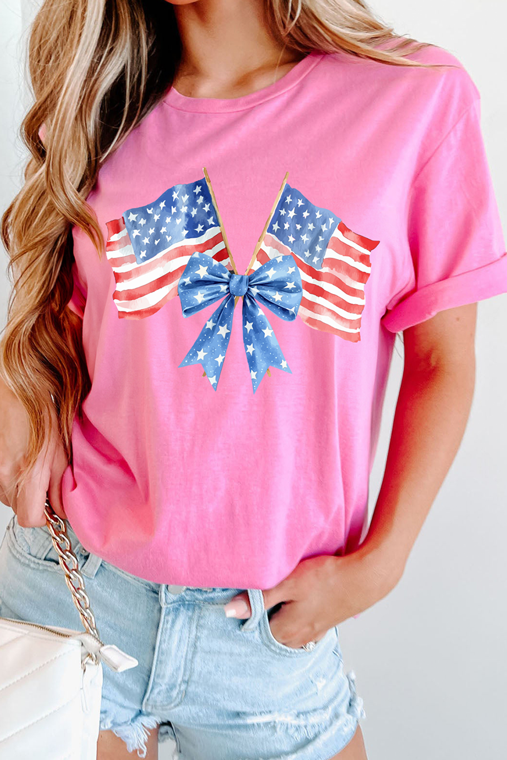 Sachet Pink Dual American Flag Bow Printed Casual T Shirt Graphic Tees JT's Designer Fashion