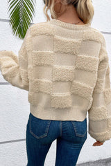 Parchment Checkered Sherpa Crew Neck Loose Sweater Sweaters JT's Designer Fashion