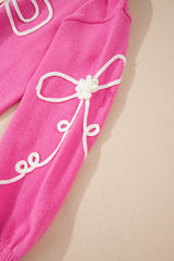 Bright Pink Corded Flower Bow Ribbed Trim Casual Sweater Sweaters JT's Designer Fashion